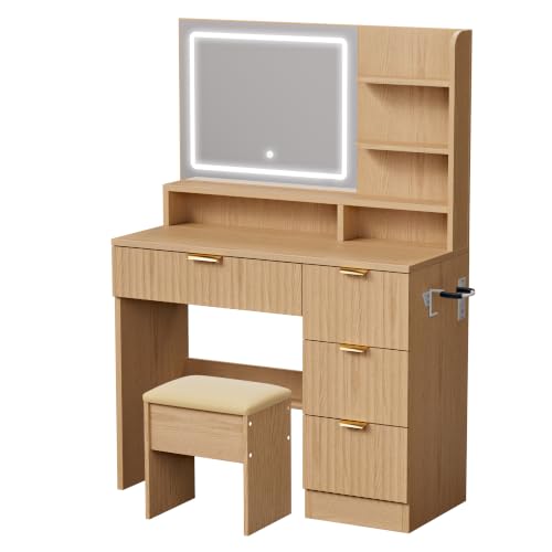 Image of LIVELYGLOW 35.4 inch Wooden Makeup Vanity Set with Charging Station & Stool | Smart LED Mirror, Fluted Design, Cushioned Stool, Hairdryer Rack
