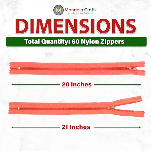 Image of Mandala Crafts 60 PCs Coral Closed-End 20 Inches Nylon Zippers for Sewing | Colorful, Bulk Sewing Supplies, For Tailor Clothing Fabric Leather, Washable, Indoor & Outdoor, Jackets, Coats