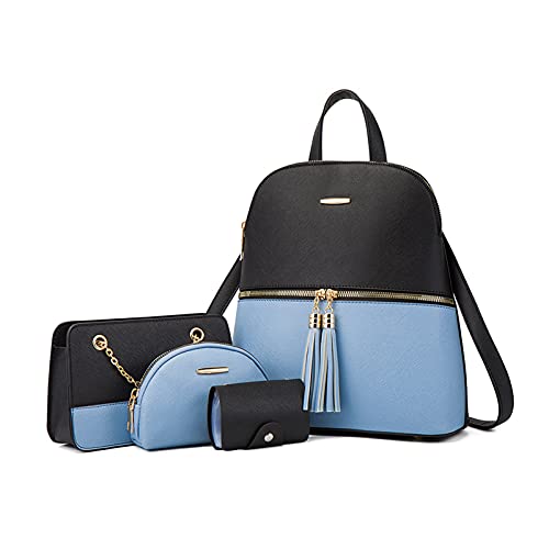 NICOLE & DORIS Rucksack Damen Klein Casual Daypack Elegant Wasserdicht Damenrucksack PU Leder Tagesrucksack Farbblock Umhängetasche Damen Rucksack-4 Set Blau mit Schwarz