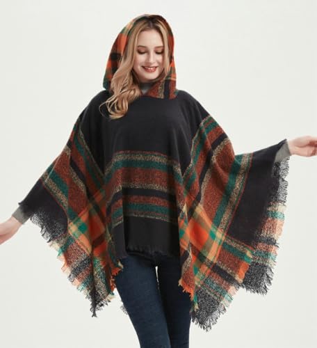 Rungion Women's Plaid Hooded Shawl Wrap Knitted Cape Poncho Pullover Hoodie Sweater Blanket Poncho with Fringes Winter Fall2