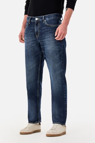 Image of SNITCH Men Casual Jeans | Relaxed Fit Straight Leg Washed Pattern & Drawstring Closure | 100% Cotton Denim Fabric for All Day Comfort & Everyday Wear