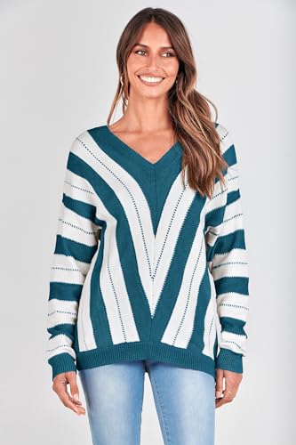 PRETTYGARDEN Sweaters for Women 2025 Long Sleeve Striped Knitted V Neck Pullover Jumper Tops Fall Outfits Fashion Clothing
