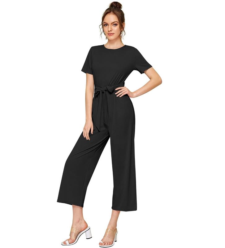 Generic Women's Knitting Stretchable Solid Round Neck Cap Sleeve Jumpsuit (Black, S)-PID56806-picture-33