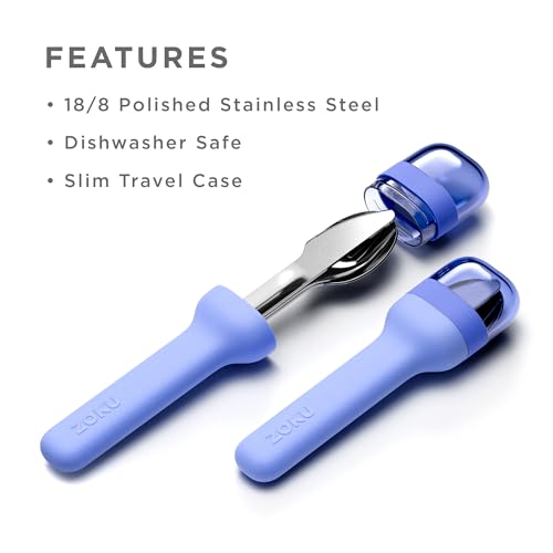 Image of ZOKU Pocket Utensil Set, Blue - Stainless Steel Fork, Knife, and Spoon Nest in Case - Portable Design for Travel, School, Work, Picnics, Camping and Outdoor Home Use