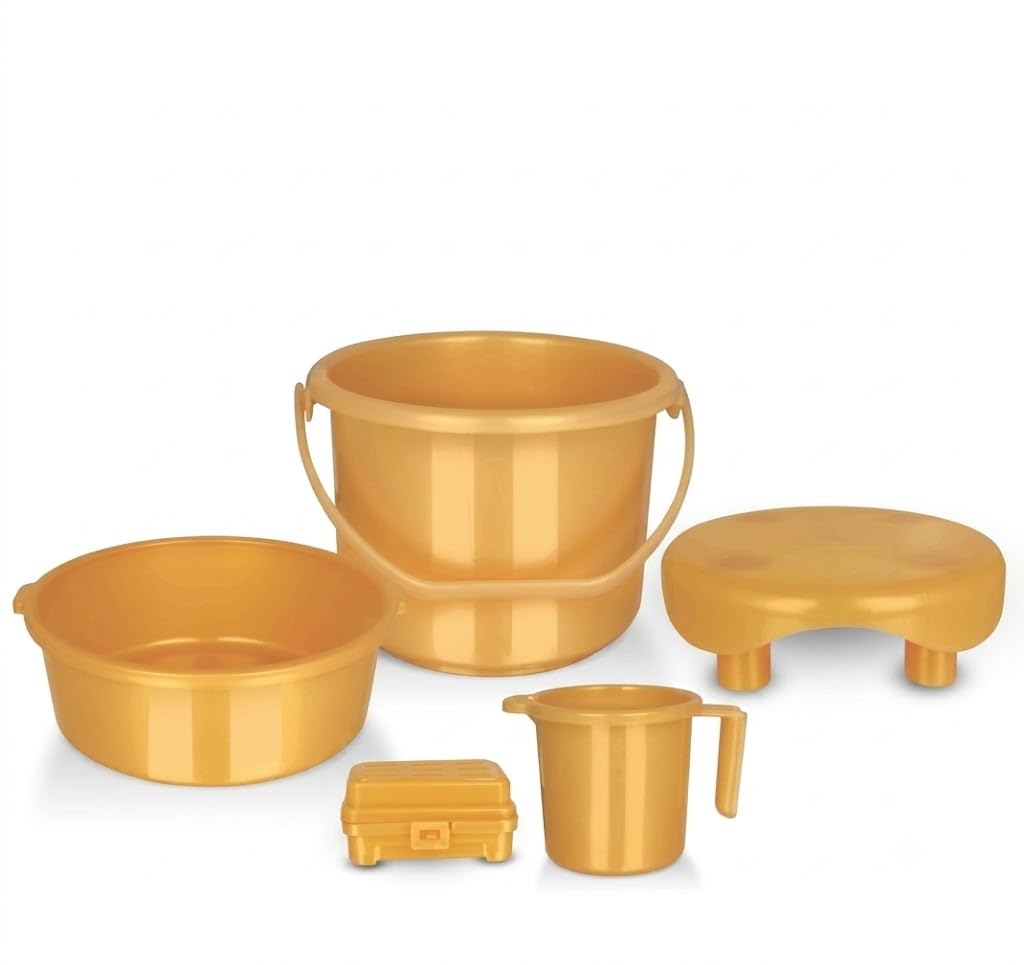 Gopal Bath Plastic Bath Set for Laddu Gopal Ji, Set of 5, Includes Bucket, Tub, Mug, Soap Box and Chowki-image-0
