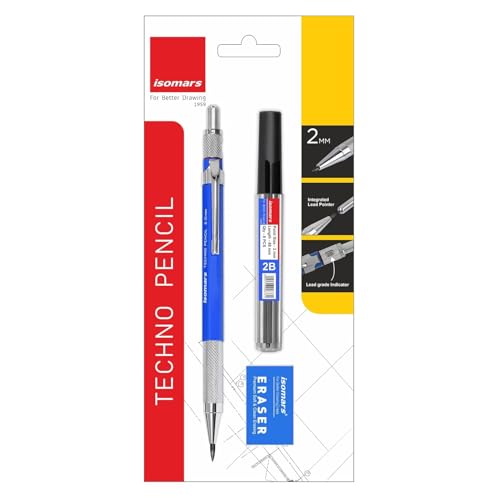 Image of Isomars Mechanical Drafting Pencil 2mm with Built-in Sharpener, 10 Leads & Eraser | Non-Slip Metal Grip Technical Pencil for Drawing, Sketching & Writing