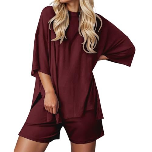 Pajama Sets For Women 2 Piece Shorts 3/4 Sleeve Oversized Tops And Elastic Waist Shorts Lounge Sets Summer Loungewear