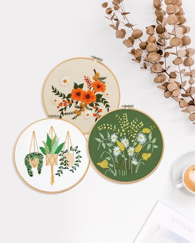 Image of Santune 3 Sets Embroidery Kit for Beginners Needlepoint Cross Stitch Kits for Adults,Stitch Learning DIY Sets with Instruction Video,Stamped Floral Patterns,Hoop,Threads,Sewing Kit
