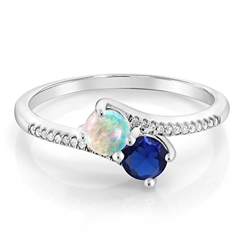 Gem Stone King 10K White Gold White Simulated Opal Blue Created Sapphire and Diamond Engagement Ring For Women (0.67 Cttw, Avaiable in Size 5,6,7,8,9)3