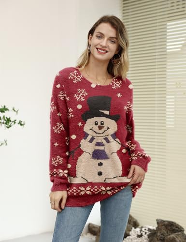 Image of YESNO Women Christmas Sweater Graphic Printed Oversized Pullover Sweaters Casual Loose Knit Tops L S01 CR175