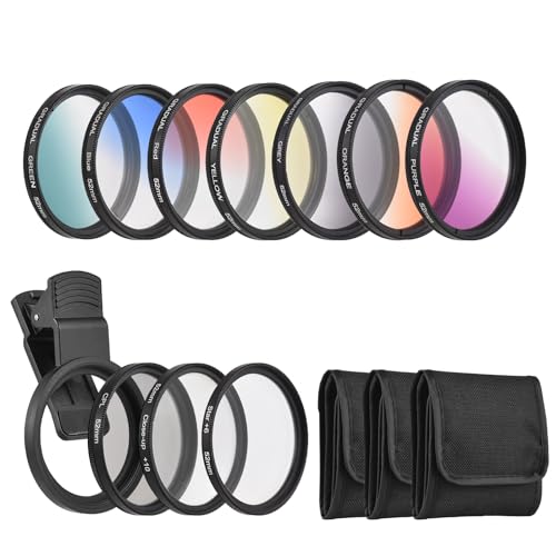 Camnoon 52mm Phone Lens Filter Kit with 7 Colors Graduated Filters + CPL + Star Filter + Close Up Filter + Mounting Clip Replacement for iPhone 15/14/13/12/11, for Canon Nikon Sony DSLR Cameras