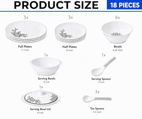 Image of Melvio By Malti 18 Pcs Dinner Set for Dining & Serving | Premium Melamine Crockery Set with Dinner Plates, Quarter Plates, Bowls, Serving Bowl, Lid & Spoons | Microwave & Dishwasher Safe