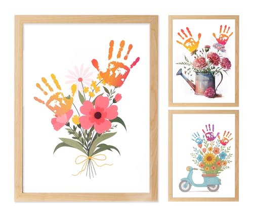 CHERRY CHEERS Flower Bouquet Handprint Art Kit 3 Special Unique Sheets with Floral Design DIY Keepsake Craft Gift Meaningful Christmas or Thanksgiving Gift 6 Colors Non-toxic Inkpads (Brown)