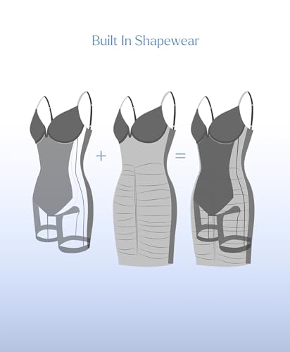 Image of Popilush Corset Midi Dress Deep V-Neck Adjustable Strape Summer Ruched Dresses Tummy Control Built in Shapewear