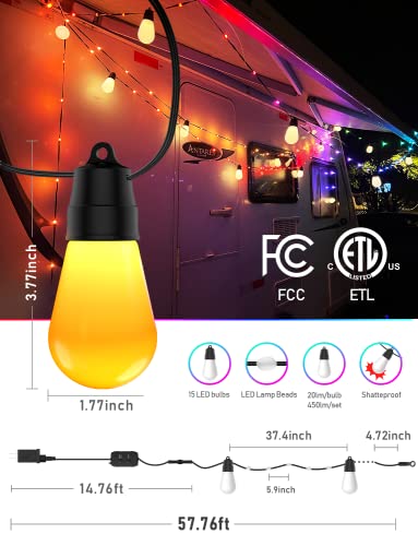 Outdoor String Lights Custom Modes - 50Ft Patio Lights With Rope Fairy App Control Rgbw Smart Dimming Outside Light With Schedule Timer 84 Led 15 Edison Bulb For Backyard Garden Party Wedding Holidays #TOP5