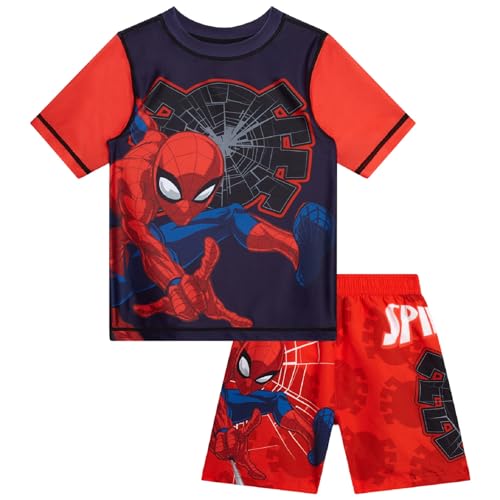Marvel Boys Rash Guard Set 2 Piece Hulk Spiderman Swim Shirt & Swim Trunks Size 10-12 Spider Black/Red