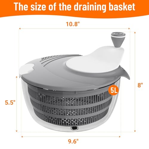 HomeHacks Salad Spinner Large Lettuce Spinner, Large Fruit Cleaner with Double Drainage Holes, 5 Chopping Blades, High Efficiency for Kitchen Washing & Drying Leafy Vegetables, Easy Press (Grey) by HomeHacks - Image 2