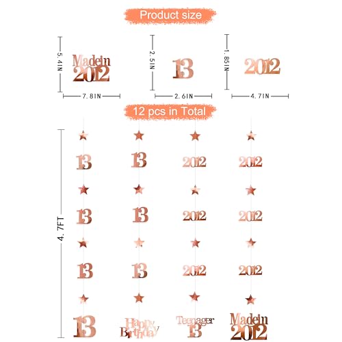 Image of 12PCS Rose Gold 13th Birthday Decorations Number 13 and 2012 Star Garland Streamer Banner Backdrop for Girls Cheers to 13 Years Birthday Vintage Made in 2012 Official Teenager Party Decor Supplies