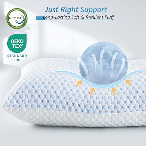 Image of UYWO Cooling Firm Bed Pillows Set of 2, Shredded Memory Foam Pillows for Sleeping Luxury Gel Pillows for Side Back Stomach Sleepers with Removable Washable Cover(Blue, Standard)