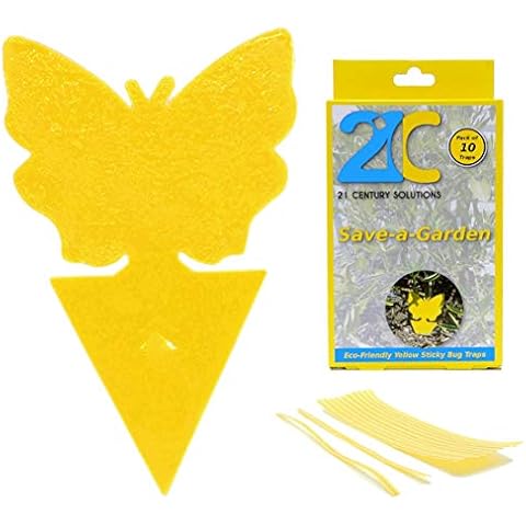 21C 21 Century Solutions Yellow Dual Sticky Fly Traps 10-Pack for Gnat Whiteflies Fungus Gnats Flying Insects - Houseplant Disposable Glue Trappers Save a Garden Butterfly Shape Cover