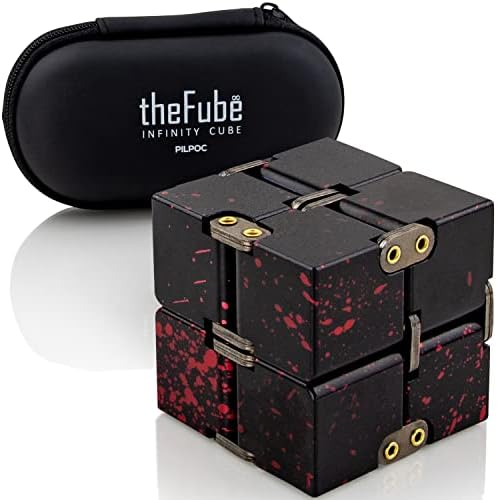 PILPOC theFube Infinity Cube Fidget Desk Toy - Aluminum Infinite Magic Cube with Case, Sturdy, Heavy, Relieve Stress and Anxiety, for ADD, ADHD, OCD (Black Red)