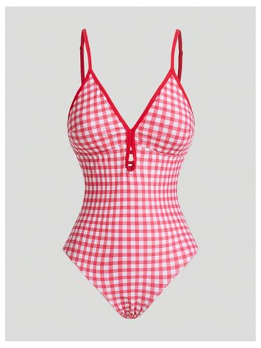 Verdusa Women's 2 Piece Gingham Lace Up Backless One Piece Swimsuit with Beach Cover Up Skirt Set3