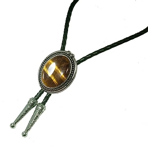 Image of Moranse Bolo Tie with Natural Tiger Eye Stone Celtic Style Genuine and Cowhide Rope