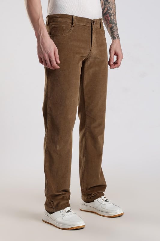 Image of NEVER NEUD Men's Corduroy Trousers, Stylish Mid Rise Straight Fit Pants for Men, 98% Cotton 2% Elastane, Button Closure, 4 Pockets (Khakhi, 32)