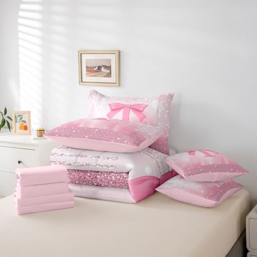 Image of Feelyou Kids Pink Bowknot Comforter Set with Sheets Queen Size, Personalized Initial I Bed in A Bag Princess Glitter 7 Pieces Bedding Set Boys Girls Bow Alphabet Teens Bed Set Bedroom Decor 7Pcs