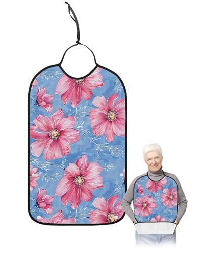 Pink Flower Adult Bib for Adults Men, Women, Blue Abstract Painting Modern Floral Art Washable & Adjustable Terry Cloth Bib with Crumb Catcher Reusable Waterproof Clothing Clothes Protector Apron