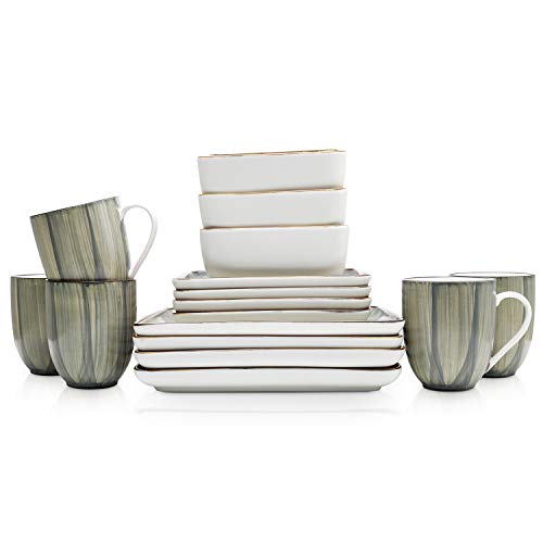Stone Lain Esmeralda Porcelain Dinnerware Set, Service For 8, 32 Pieces Square Green Brushed Design #TOP5