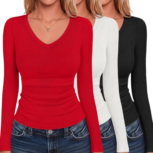 Zeagoo Women's Tops 3 Pack Long Sleeve Shirts Ribbed T-Shirt V Neck Slim Fit Layering Business Casual Cute Basic Tee