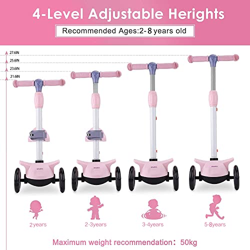 Wheelive 2 In 1 Kick Scooter With Removable Seat, 3 Led Wheels Kick Scooter For Kids, 4 Adjustable Height & Foldable Design Toddler Scooters Sit Or Stand Ride For Boys & Girls 2-8 Years Old（Pink） #TOP1