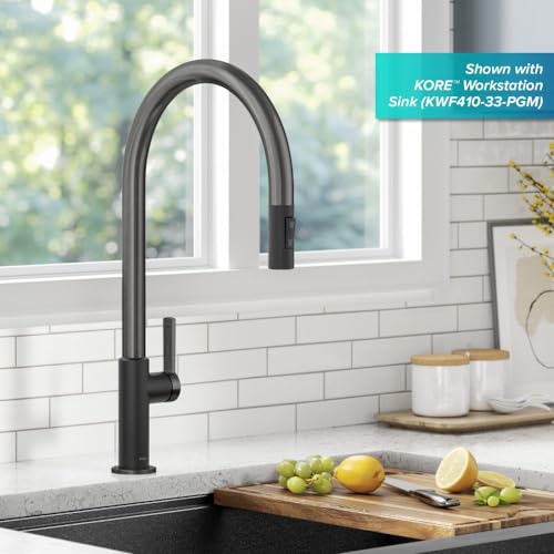 Image of KRAUS Oletto High-Arc Single Handle Pull-Down Kitchen Faucet in Matte Black /Spot Free Black Stainless Steel, KPF-2821MBSFSB