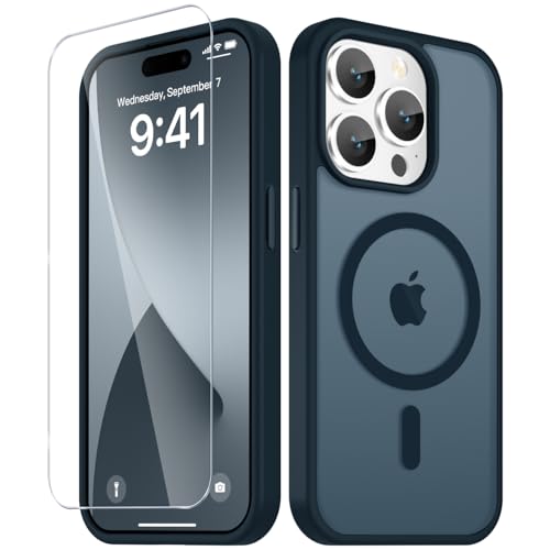 Image of YENAPOON for iPhone 15 Pro Case, Matte Magnetic Phone Cover [with 1 Screen Protector] [Support for MagSafe] [Shockproof Military Grade Protection] Translucent Frosted Back, Navy Blue