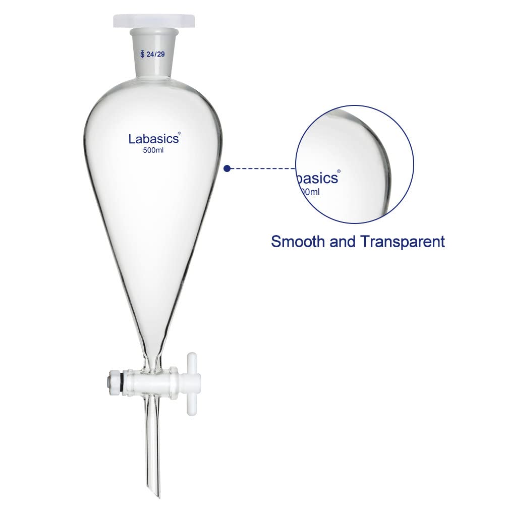 Labasics Vidrio Borosilicato 500 ml Embudo Separador Cónico de Pared Pesada con Juntas 24/29 y Llave de Paso de PTFE