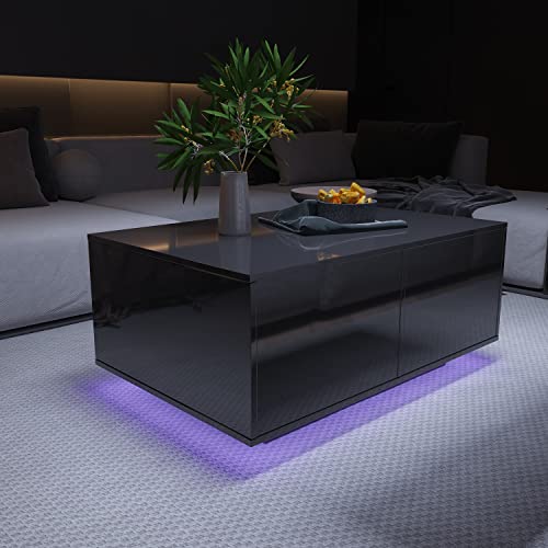 St.mandyu Led Coffee Table With Storage Drawers, Modern High Glossy Center Table With 20 Colors Led Lights For Living Room, Black #TOP6
