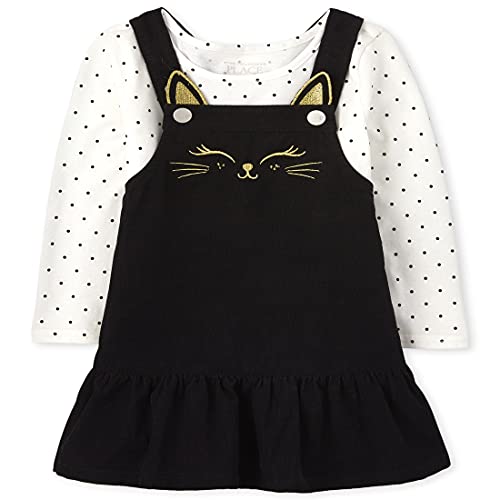 The Children's Place Baby Toddler Girl Sleeveless Corduroy Skirtall And Dot Print Top 2-Piece Set, Black/White Cat, 18-24 Months #TOP1
