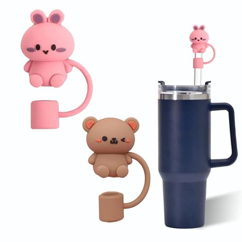 Teddy Bear and rabbit Straw Cover for Stanley 40&30 Oz Cup, 10mm Silicone Straw Covers Cap for Stanley Cup Accessories, Cute Topper for Tumblers, Cap Stopper for Reusable Straws Tip Lids