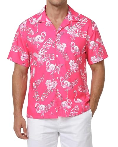 Amycute Mens Hawaiian Shirt Short Sleeve Button Down Flamingo Print Tropical Casual Summer Shirt for Stag Do Pub Festival Beach (UK Alpha S Regular Regular Pink Flamingo)