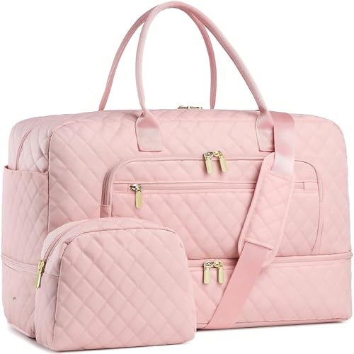 Travel Duffle Bag for Women,Large Weekender Bag With Shoe Compartment Toiletry Tote Bag With Wet Pocket Carry on Overnight Weekend Bags for Travel Sports Gym Trips Hospital (Pink)