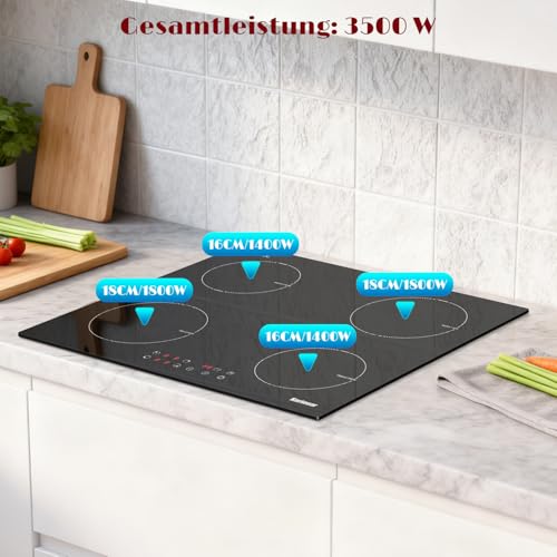 Karinear Einbau-Küchenset, 60 cm Induktionskochfeld 4 Platten 3500W & 60L Backofen Umluft 2200W, Touch/Drehknopf, Kindersicherung, Timer, Energieklasse A, 220-240V mit Stecker