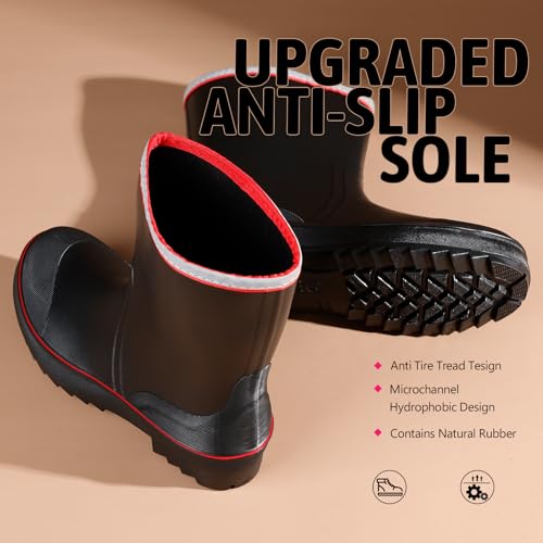 Image of mens rain boots waterproof work boots for men mid-calf deck bootie comfortable garden shoes lightweight chelsea bootie for Gardening Fishing Boating Camping Sailing red&black