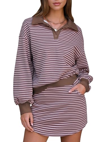 EXLURA Womens Two Piece Sets Cotton Striped Sweatshirt Matching Skirt Skort Tennis Vacation Cruise Outfits Travel Set 2026