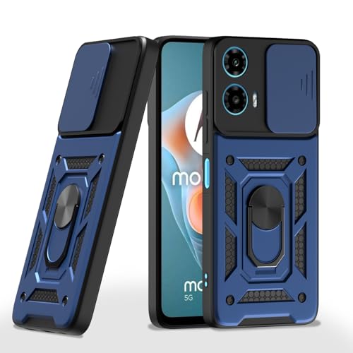 Image of Pikkme Back Cover for Motorola Moto G34 / G45 5G | 360 Protection Case | Sliding Camera Shield Cover & Ring Holder Stand D10 Tough Armor Bumper Case (Blue)