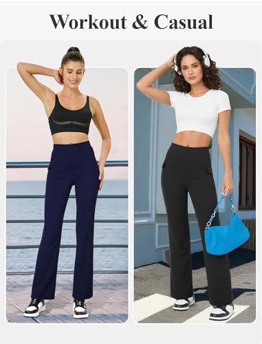 Women's High Waist Flared Casual Pants, Button Side Flap Work Pants with Pocket4