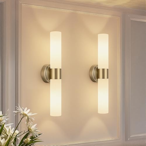 Image of Wall Sconces Set of Two, Modern Bathroom Sconces Wall Lighting with & Milky White Glass, Brass Sconces Wall Decor Set of 2 for Bathroom Mirror Bedroom Living Room Hallway