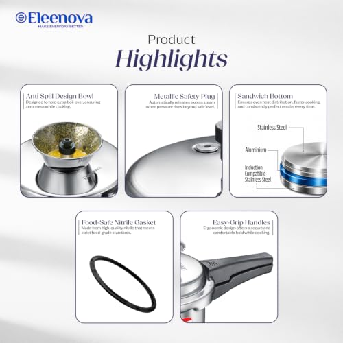 Image of Eleenova Legacy Stainless Steel Pressure Cooker 3 Litre | Anti Spill Design | Gas Stove and Induction Compatible | Outer Lid SS Pressure Cooker | ISI Certified | 5 Year Warranty