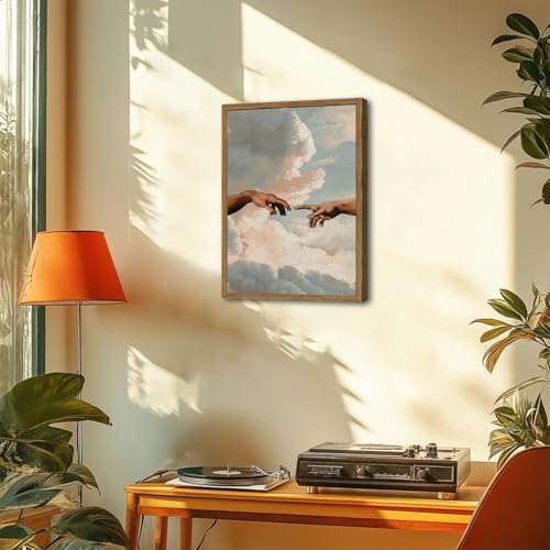 Image of Vintage Wall Art Christian God Hand Wall Decor Painting The Creation of Adam Poster Canvas Prints Religious Creation Artwork for Prayer Room Living Bedroom 12x16 inch Wood Framed
