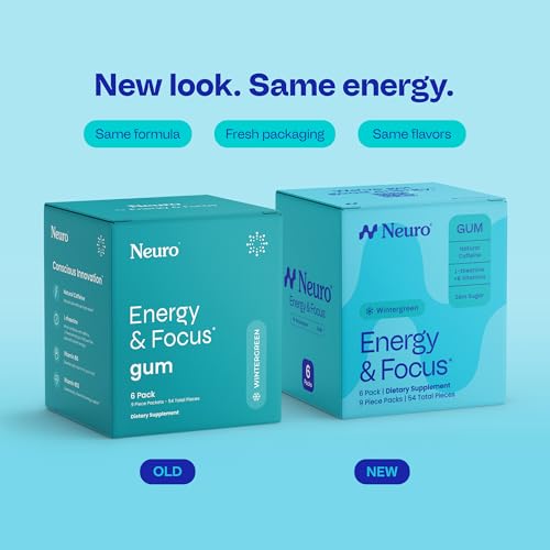 Image of Neuro Energy & Focus Gum - Caffeine Gum with 40mg Natural Caffeine & L-Theanine - Nootropic Energy Supplement with B Vitamins - Sugar Free, Vegan - Wintergreen, 54ct